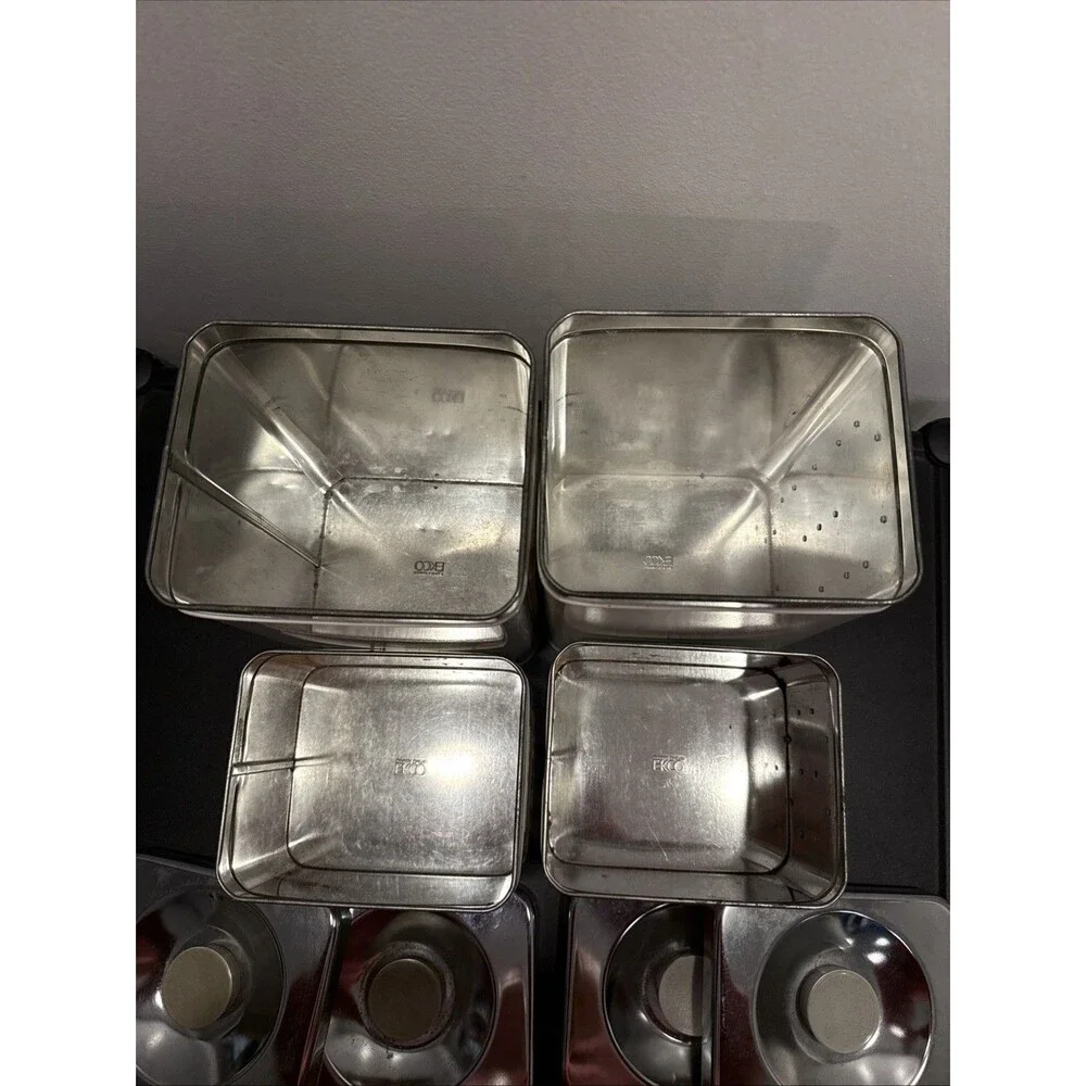 EKCO Canada Vintage Metal MCM Kitchen Canister Set Of 4 White Silver Green Trim